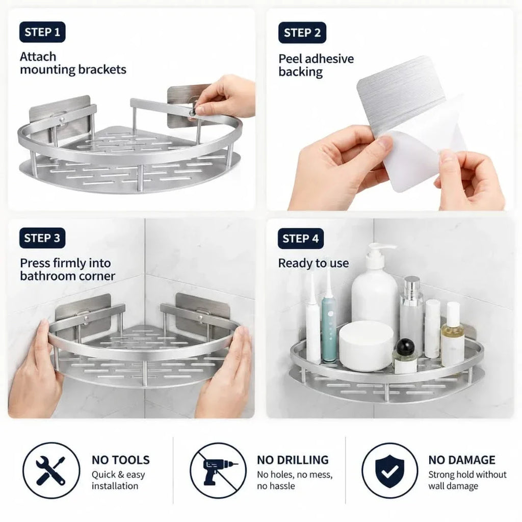 Adhesive Corner Shower Caddy, No Drilling
