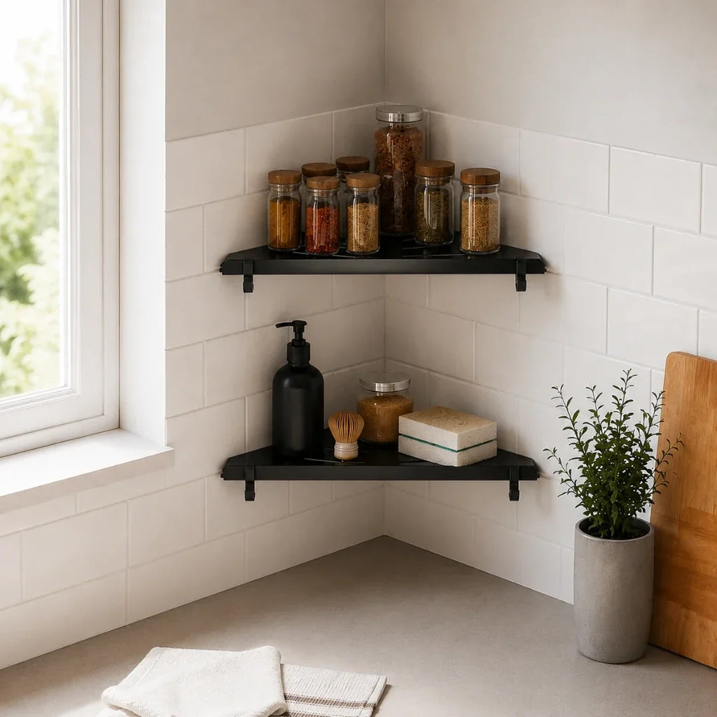 Black Wall-Mounted Corner Bathroom Shelf