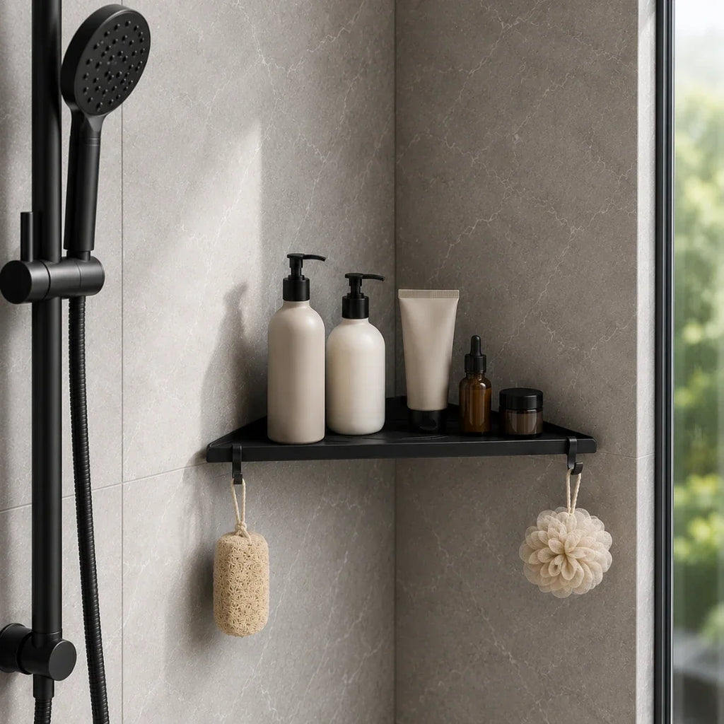 Black Wall-Mounted Corner Bathroom Shelf