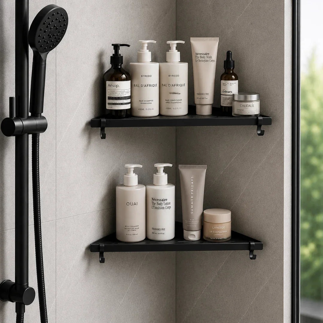 Black Wall-Mounted Corner Bathroom Shelf