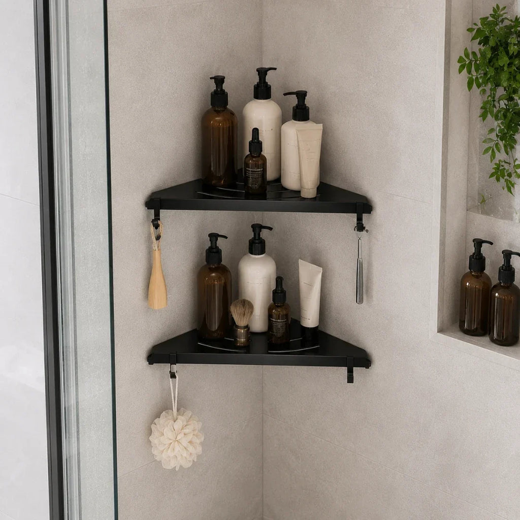 Black Wall-Mounted Corner Bathroom Shelf