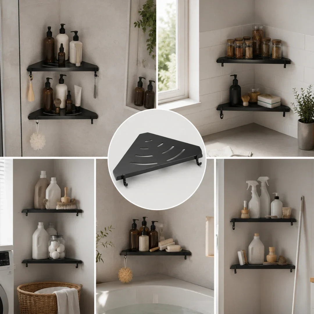 Black Wall-Mounted Corner Bathroom Shelf