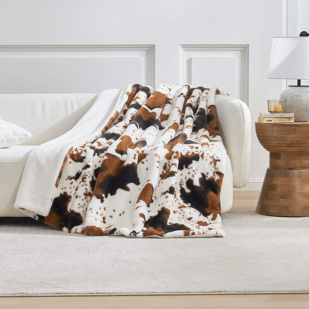 Cow Print Faux Fur Throw Blanket in Two Sizes