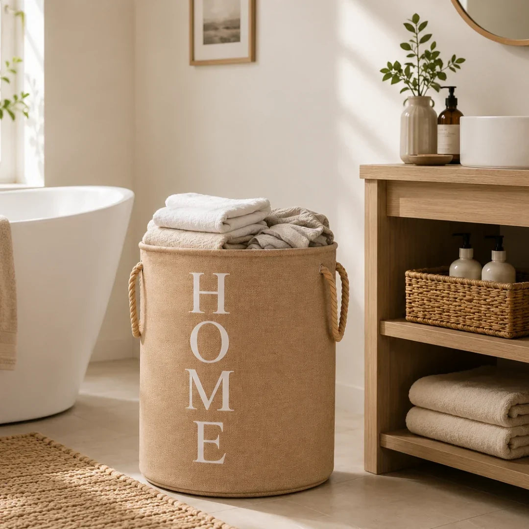Foldable Woven Laundry Basket – Linen-Look Fabric