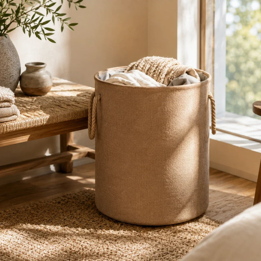 Foldable Woven Laundry Basket – Linen-Look Fabric