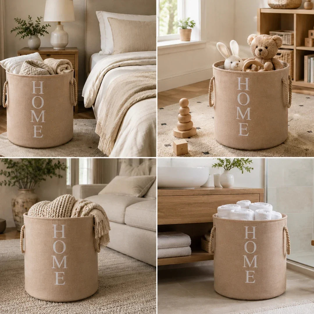 Foldable Woven Laundry Basket – Linen-Look Fabric