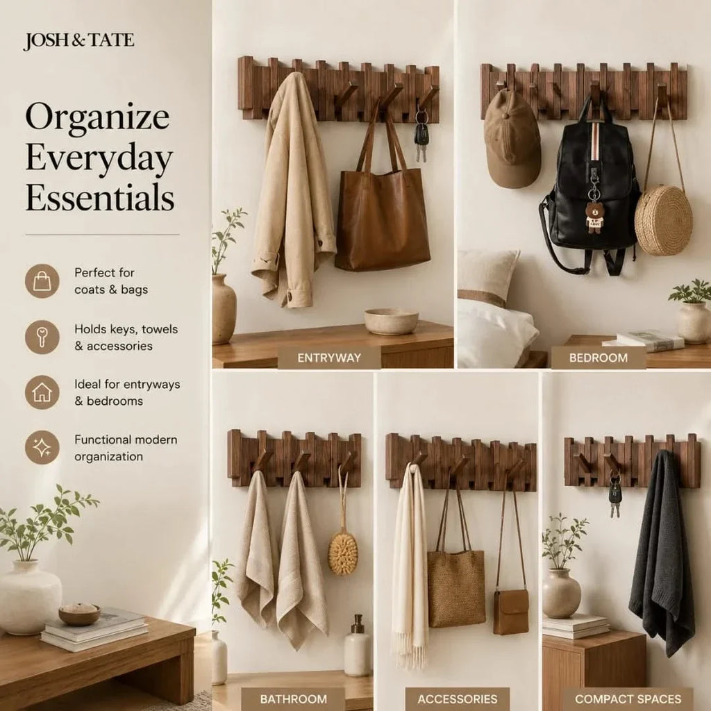 Solid Wood Wall Peg Rail with 6 or 8 Hooks