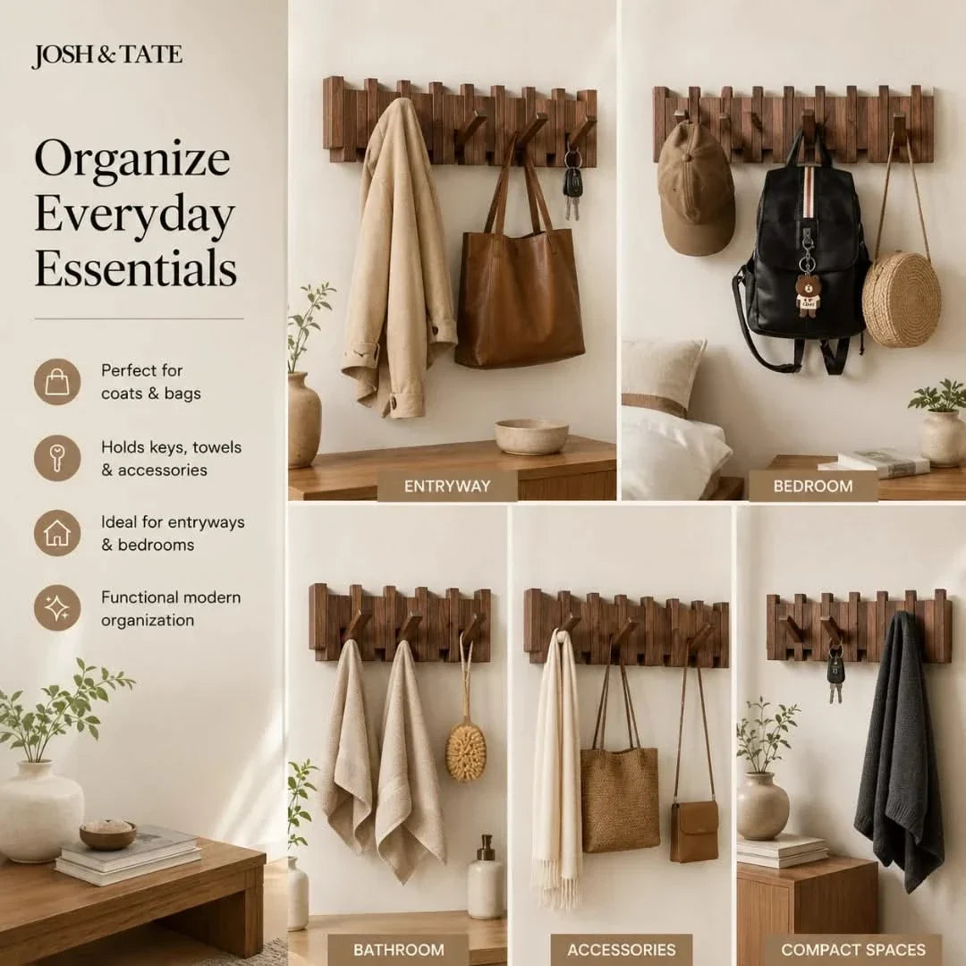 Solid Wood Wall Peg Rail with 6 or 8 Hooks