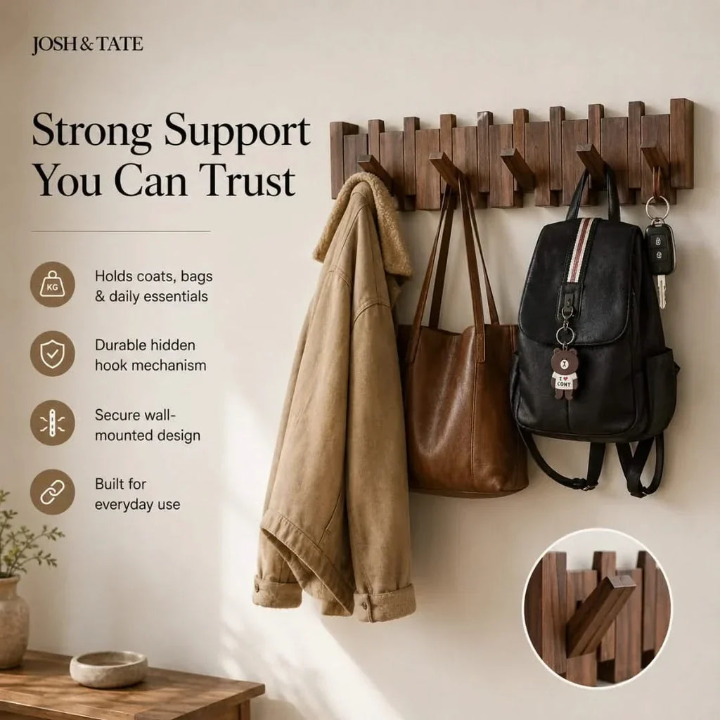 Solid Wood Wall Peg Rail with 6 or 8 Hooks