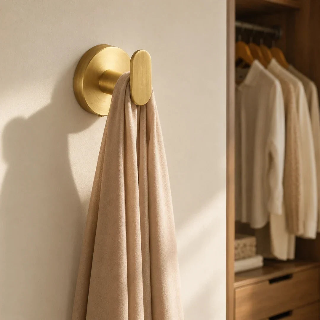 No-Drill Gold Towel Hook with Twist-Fit Mount