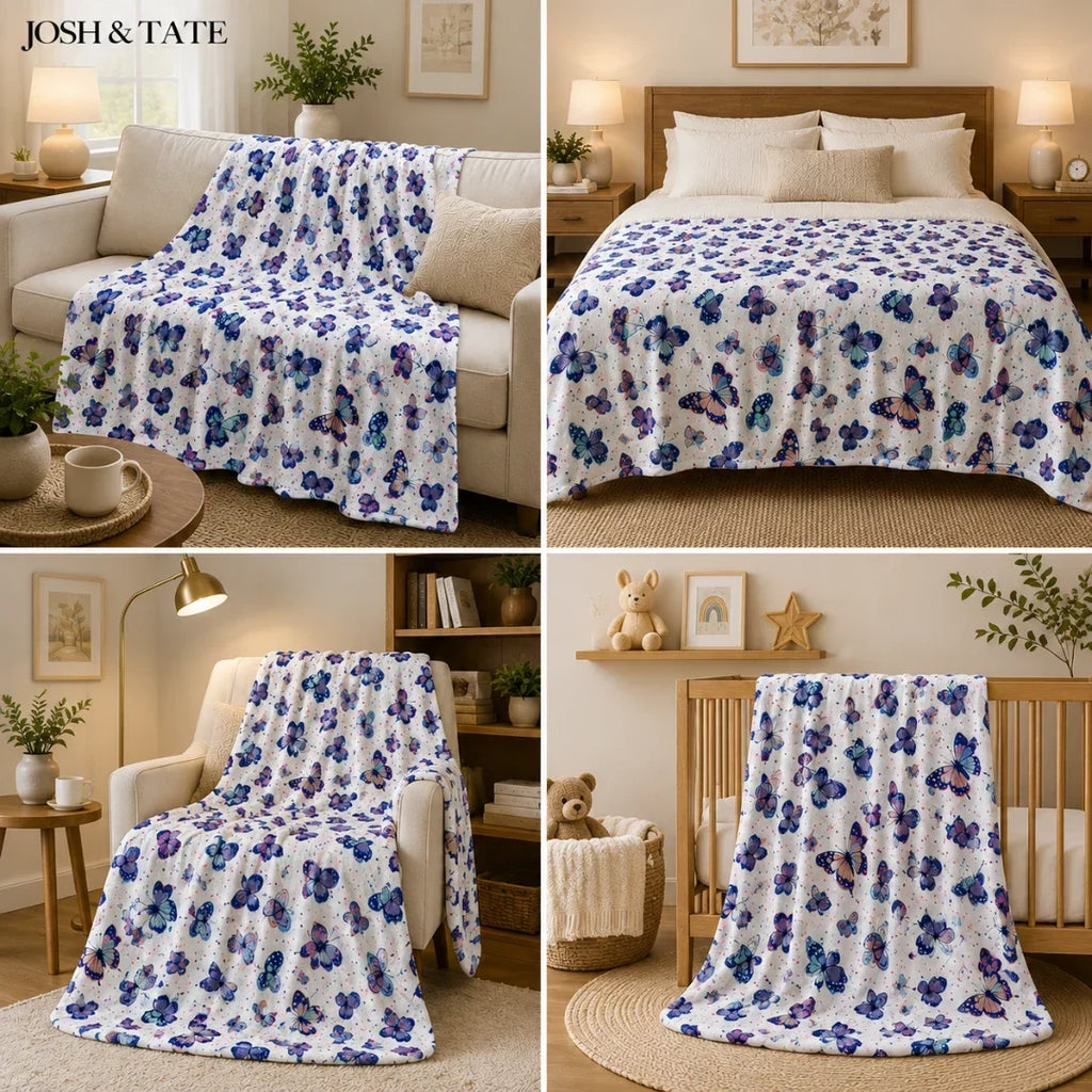Purple Butterfly Print Throw Blanket – 130 × 150 cm