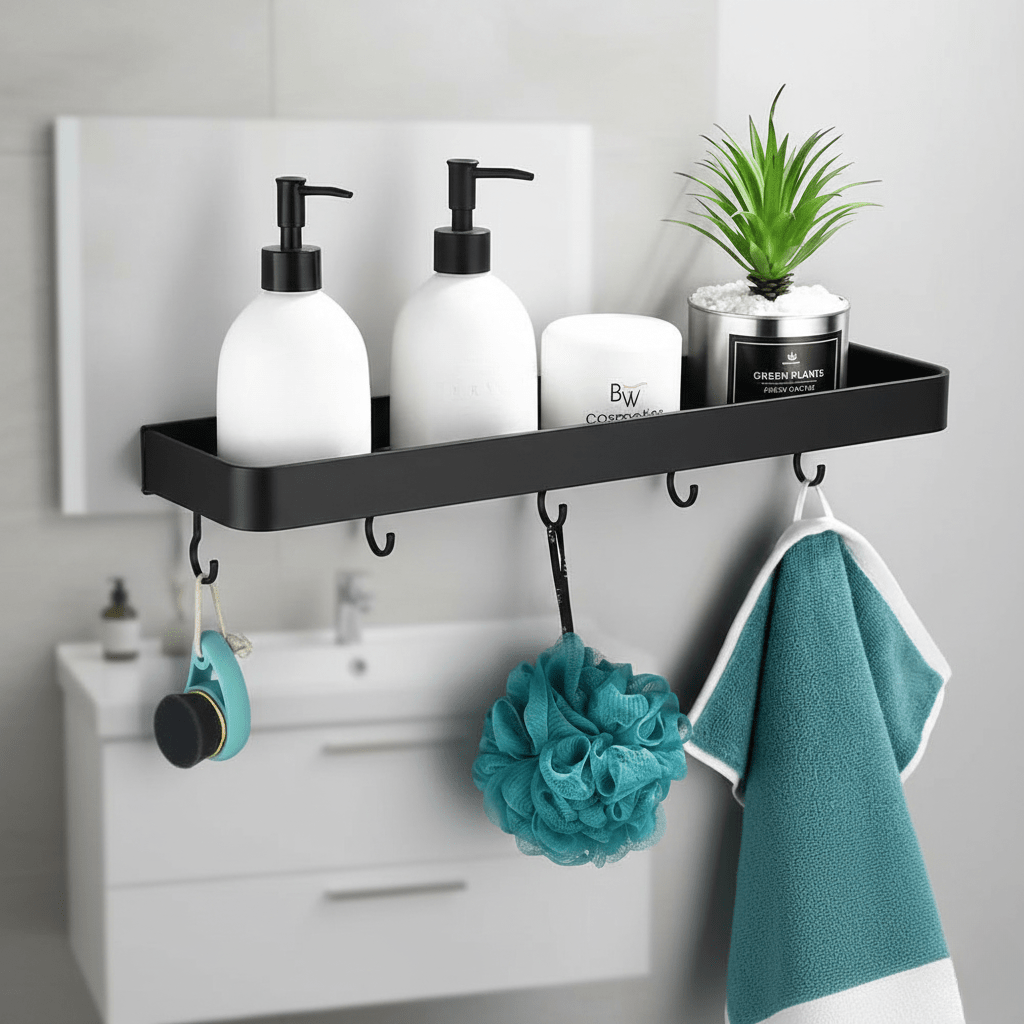 Aluminium Bathroom Shelf with Towel Bar and Hooks