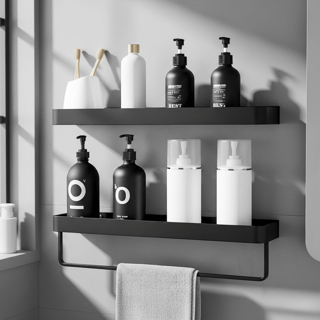 Aluminium Bathroom Shelf with Towel Bar and Hooks