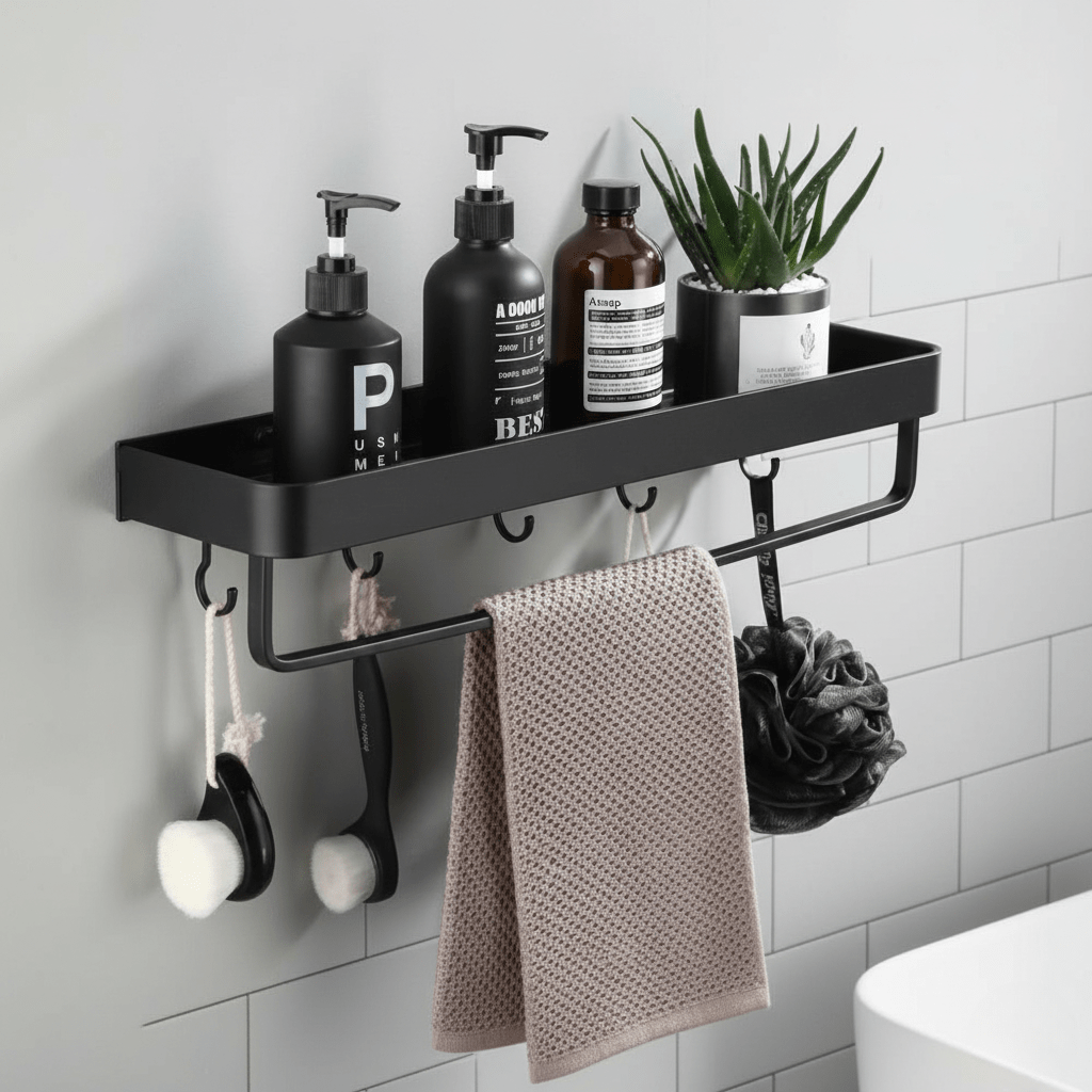 Aluminium Bathroom Shelf with Towel Bar and Hooks