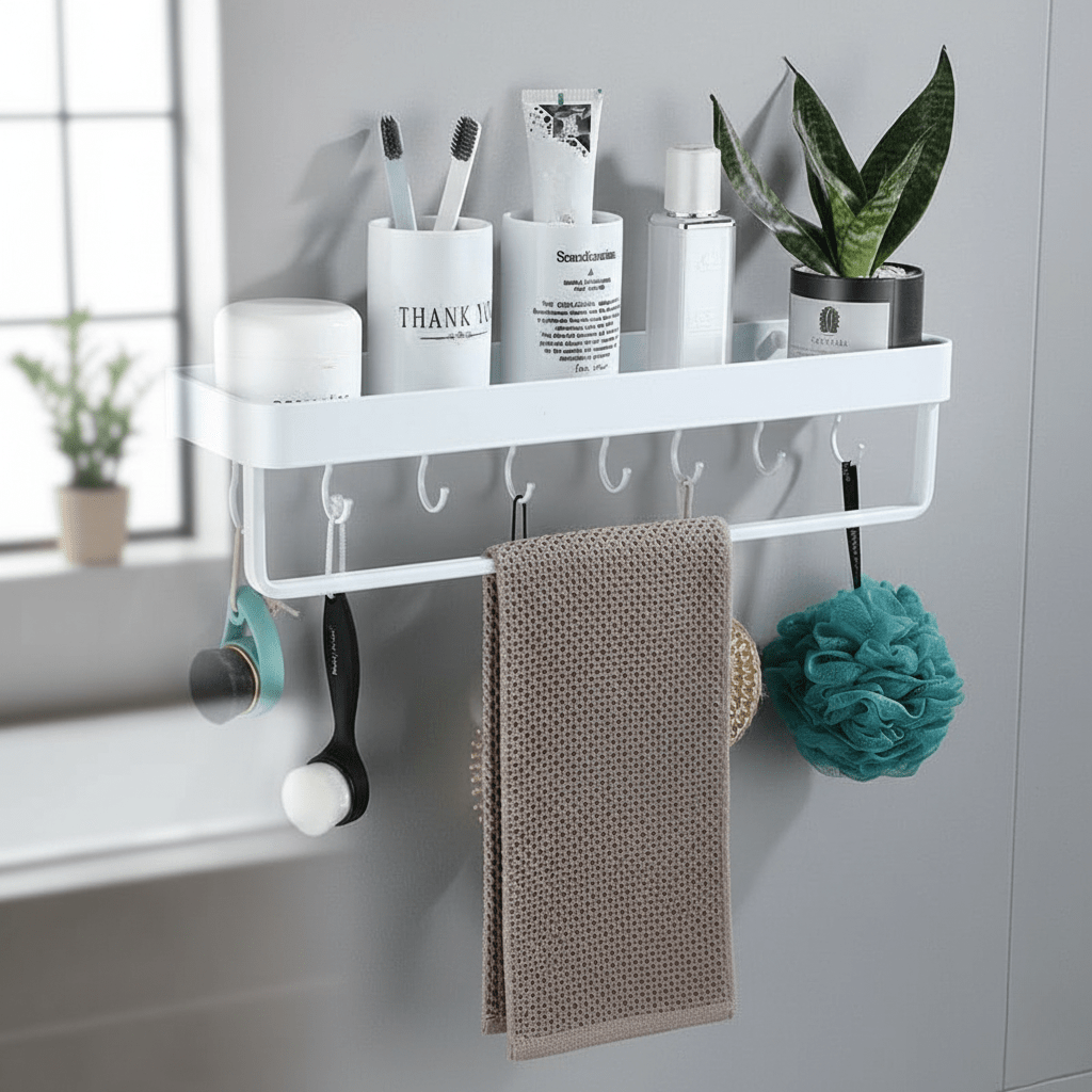 Aluminium Bathroom Shelf with Towel Bar and Hooks