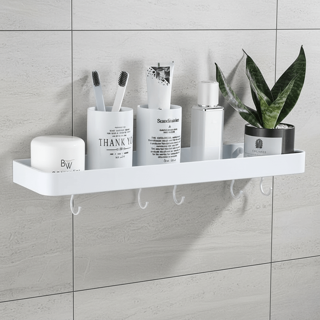 Aluminium Bathroom Shelf with Towel Bar and Hooks