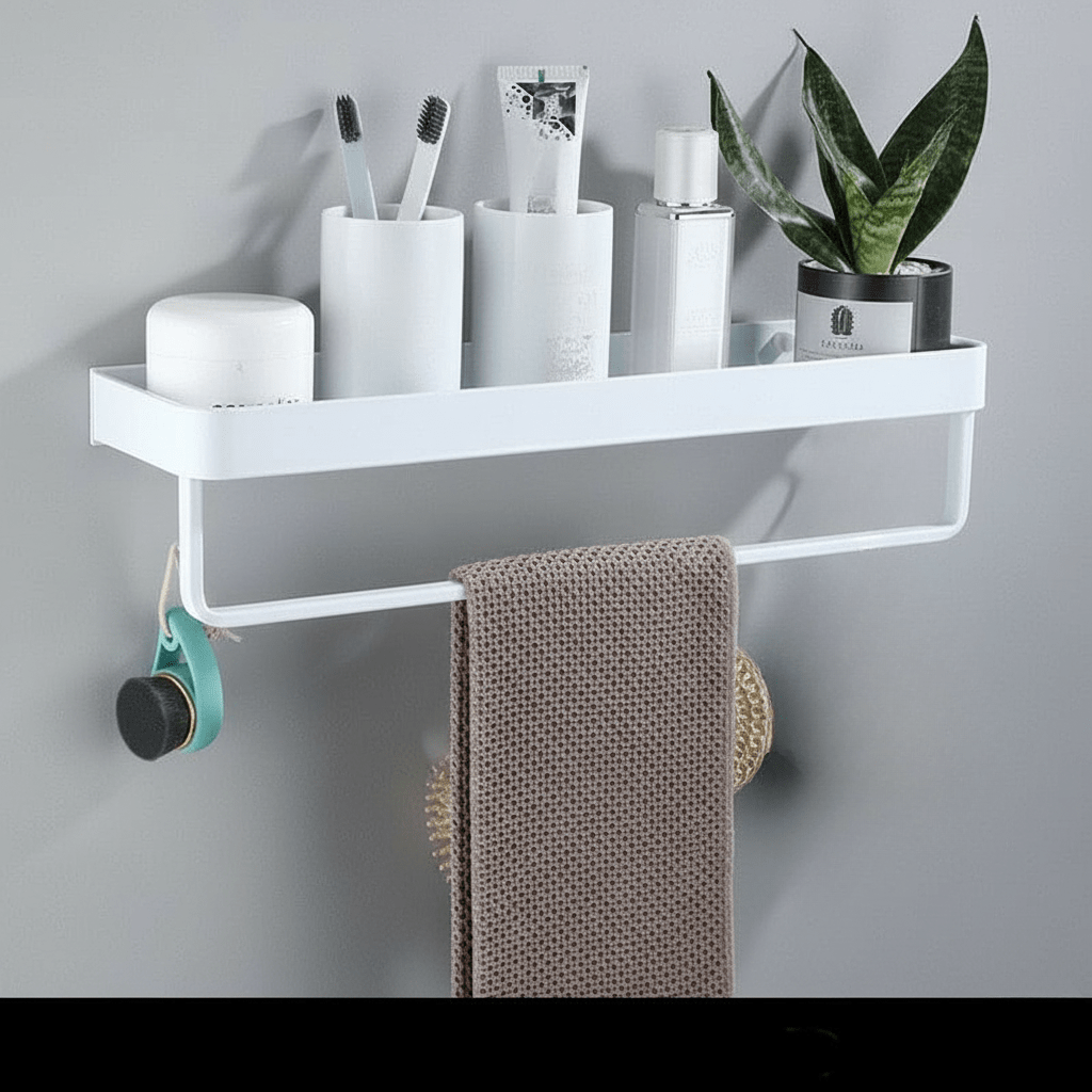 Aluminium Bathroom Shelf with Towel Bar and Hooks