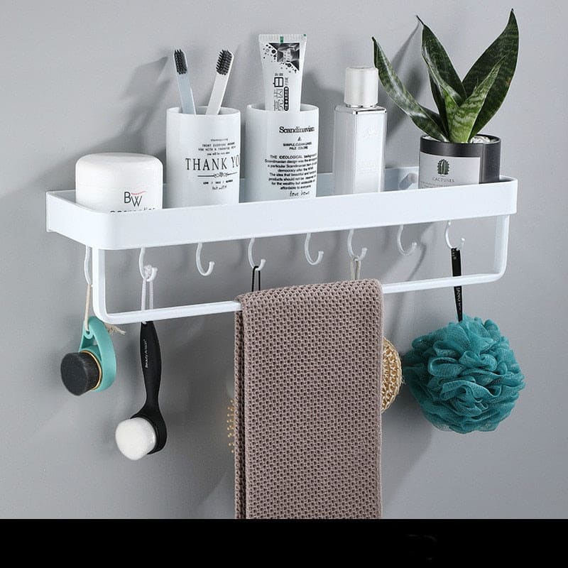 Aluminium Bathroom Shelf with Towel Bar and Hooks