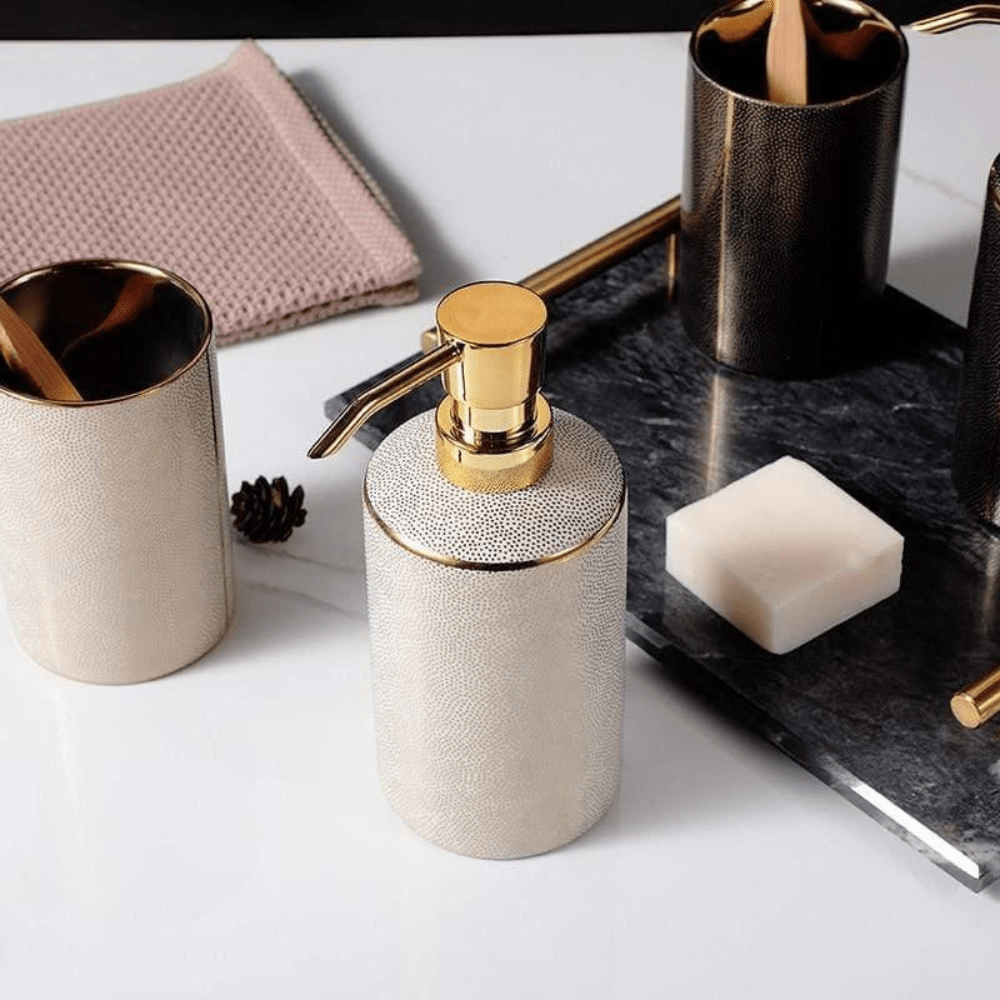 Ceramic Bathroom Accessory Set with Gold Accents