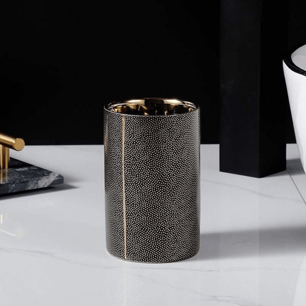 Ceramic Bathroom Accessory Set with Gold Accents