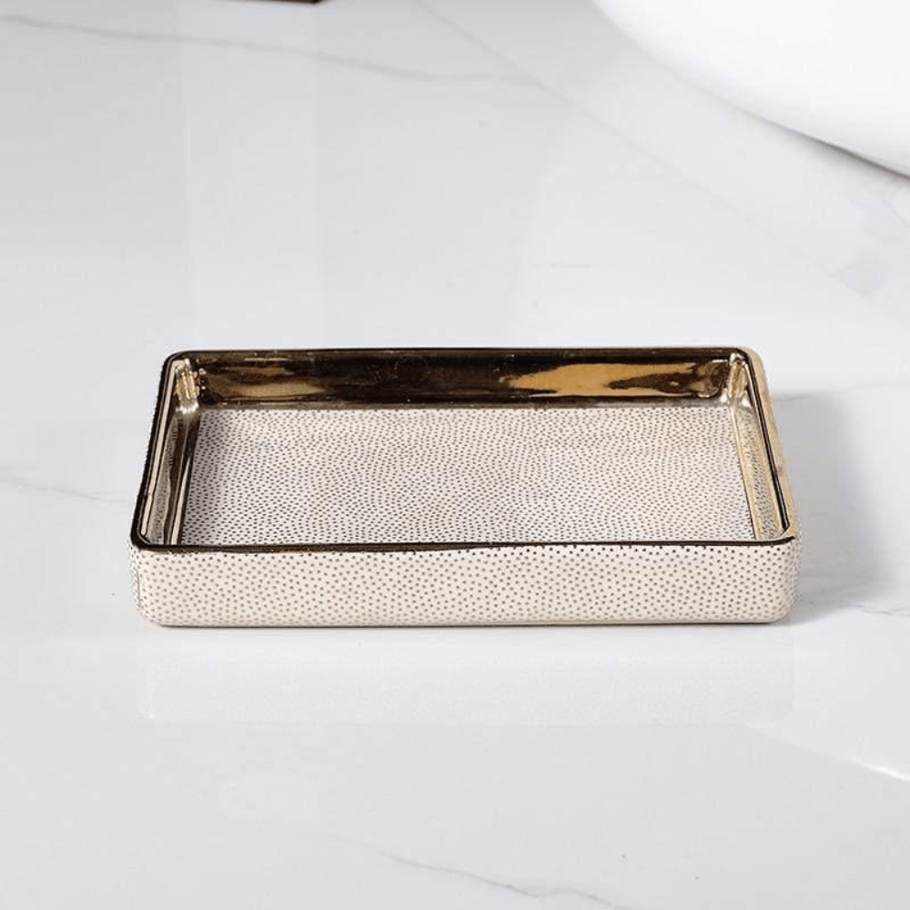 Ceramic Bathroom Accessory Set with Gold Accents