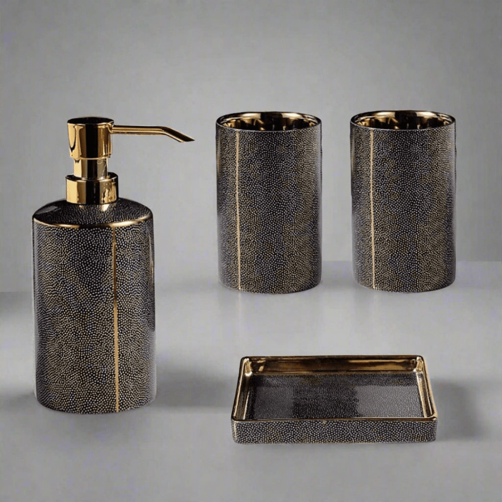 Ceramic Bathroom Accessory Set with Gold Accents