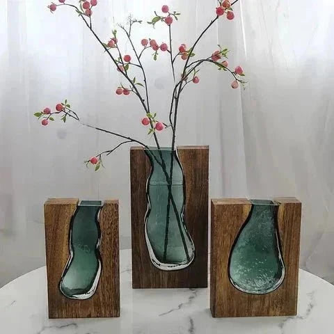 Wood and Tinted Glass Vase, Two Heights