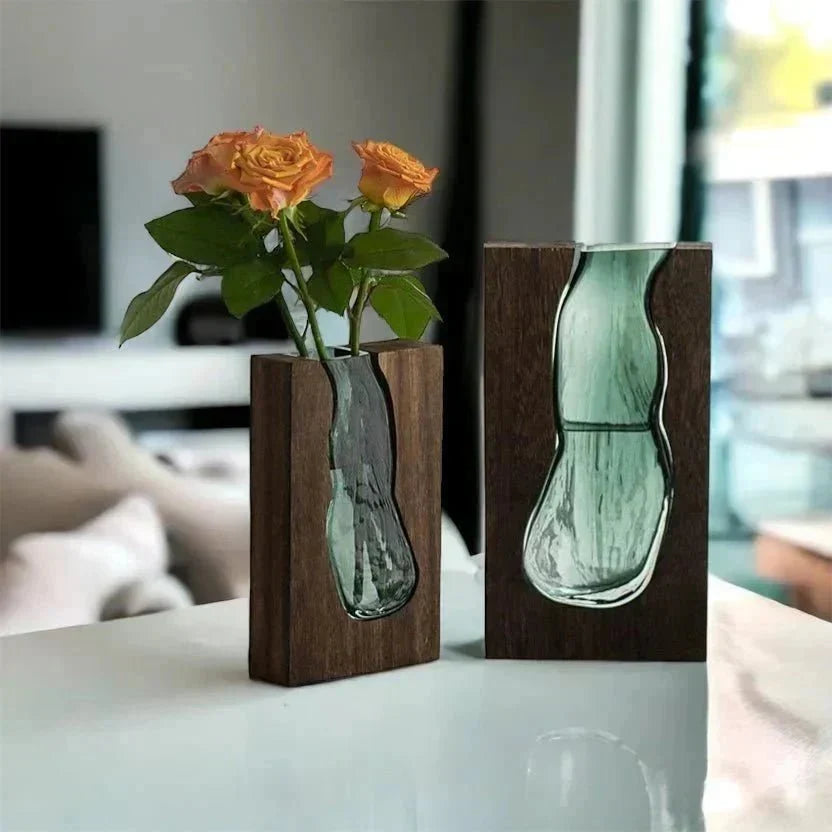 Wood and Tinted Glass Vase, Two Heights
