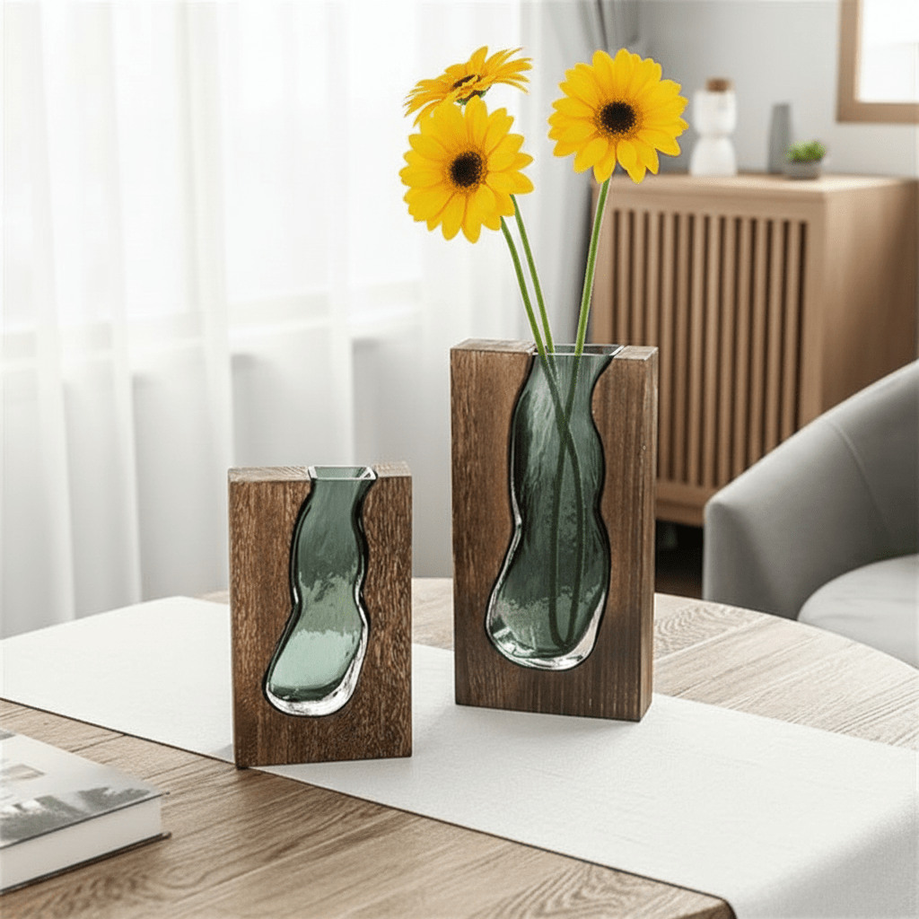 Wood and Tinted Glass Vase, Two Heights