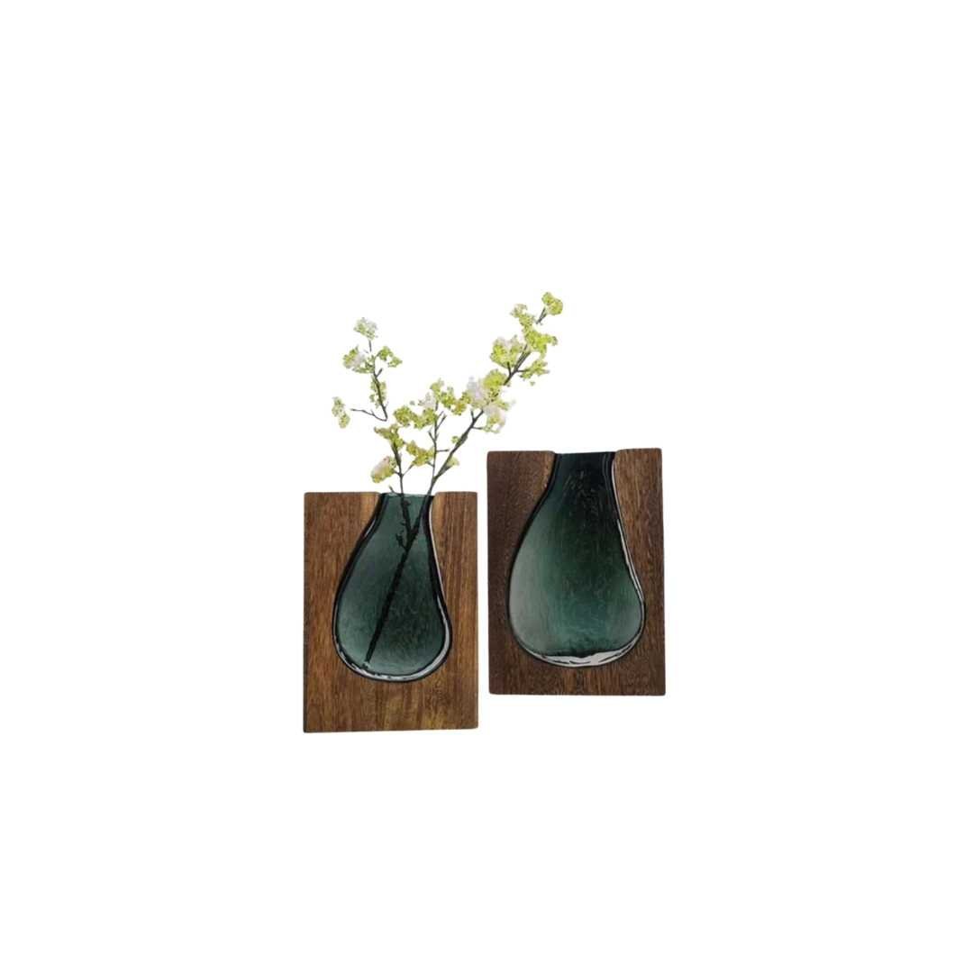 Wood and Tinted Glass Vase, Two Heights