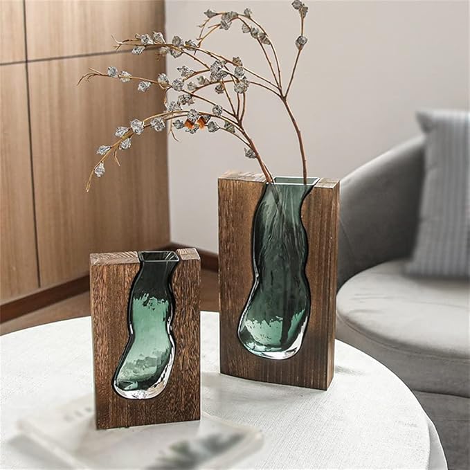 Wood and Tinted Glass Vase, Two Heights