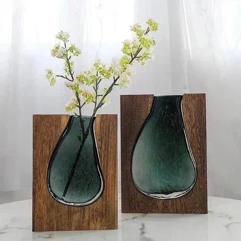 Wood and Tinted Glass Vase, Two Heights