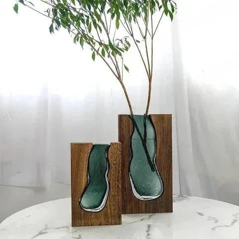 Wood and Tinted Glass Vase, Two Heights