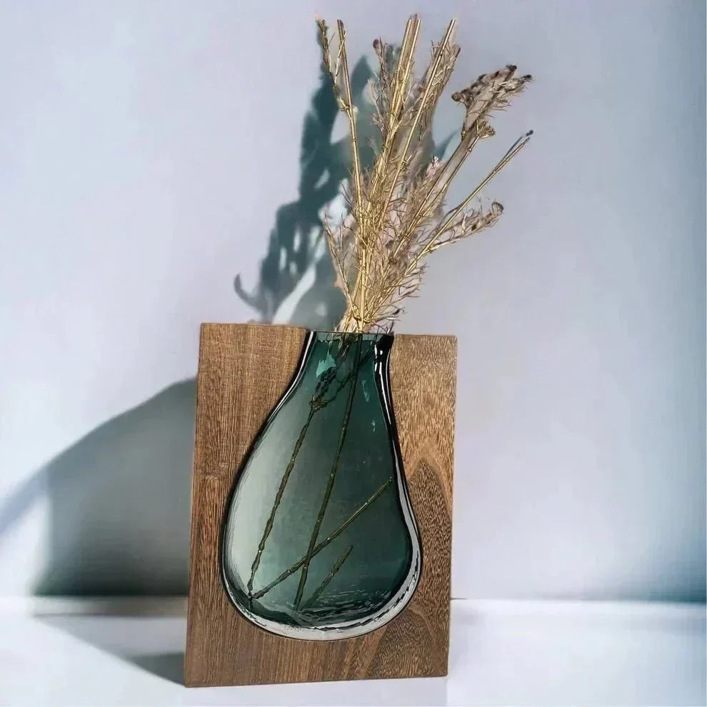 Wood and Tinted Glass Vase, Two Heights