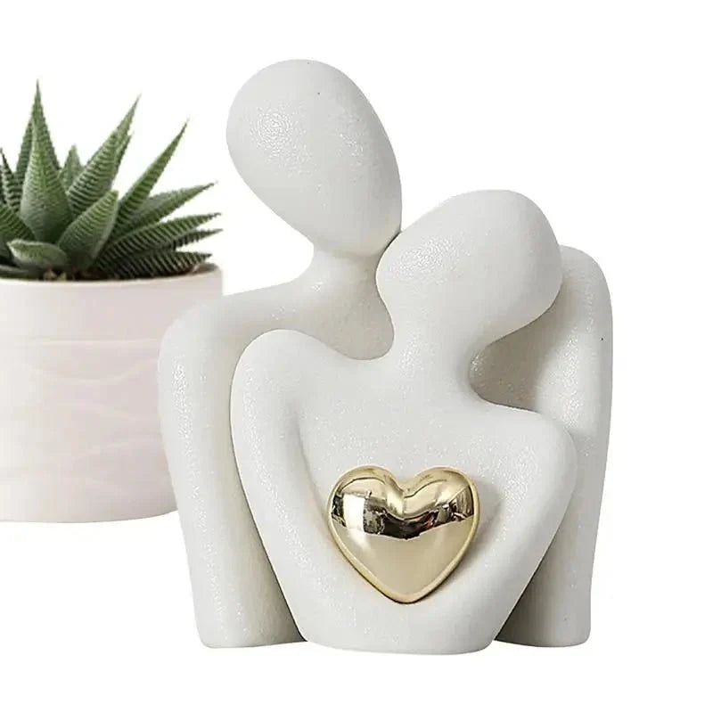 Ceramic Couple Sculpture with Gold Heart, Set of 2