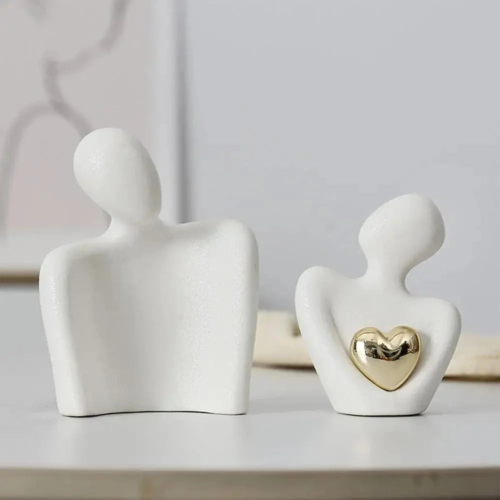 Ceramic Couple Sculpture with Gold Heart, Set of 2