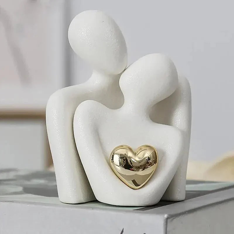 Ceramic Couple Sculpture with Gold Heart, Set of 2