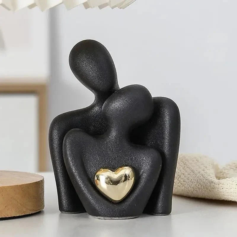 Ceramic Couple Sculpture with Gold Heart, Set of 2