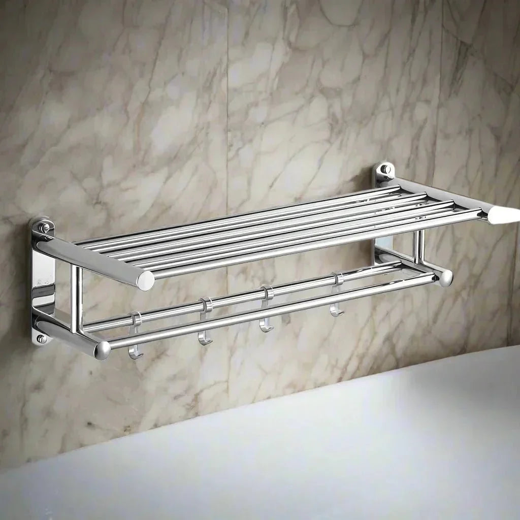 Stainless Steel Towel Rack with Shelf and Hooks