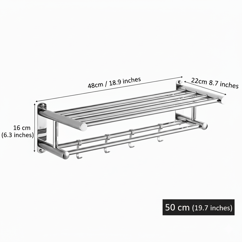 Stainless Steel Towel Rack with Shelf and Hooks