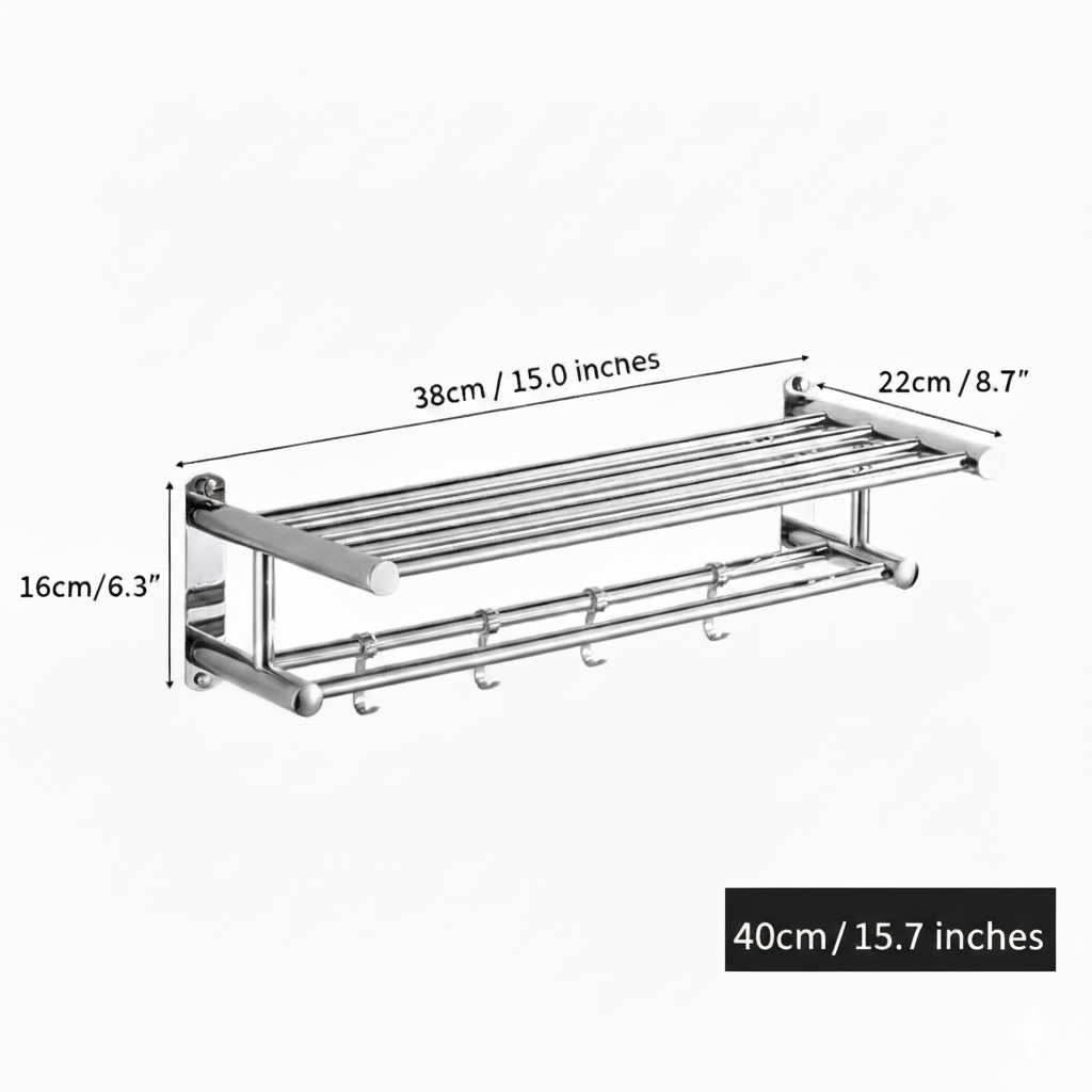 Stainless Steel Towel Rack with Shelf and Hooks