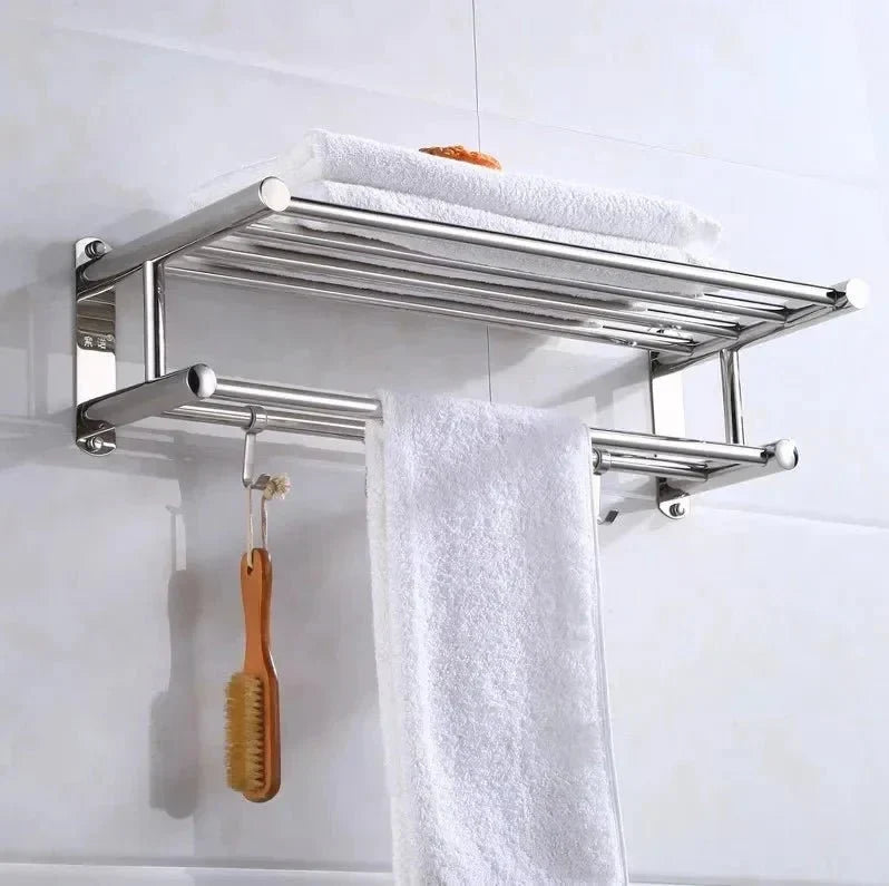 Stainless Steel Towel Rack with Shelf and Hooks